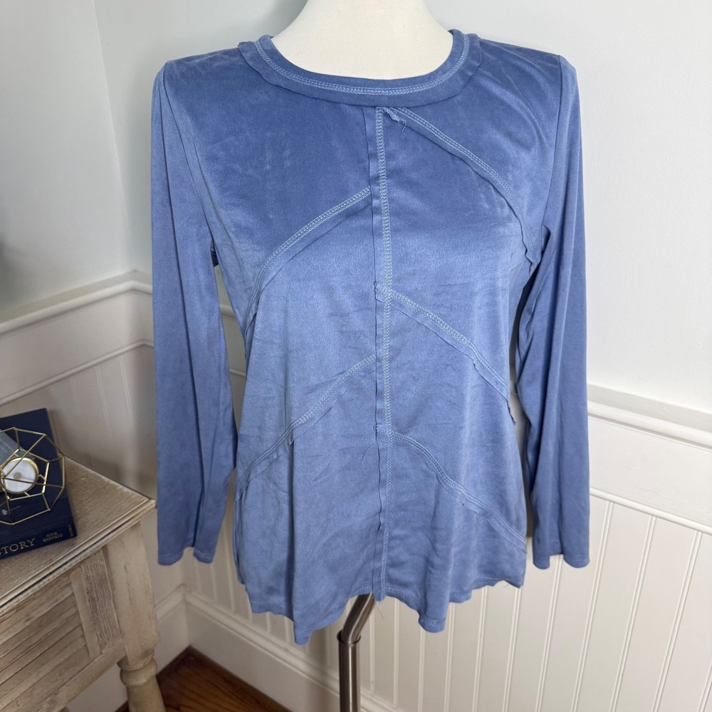 Lulu-B Womens Dusty Blue Faux Suede Geometric Paneled Long Sleeve Top Small
